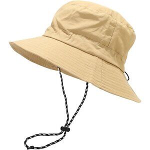 Unisex Khaki Wide Brim Water-resistant With Chin Strap Classic Bucket Sun Hat